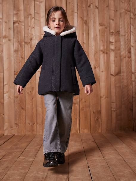 Manteau fille à capuche drap de laine anthracite+beige chiné - vertbaudet enfant 