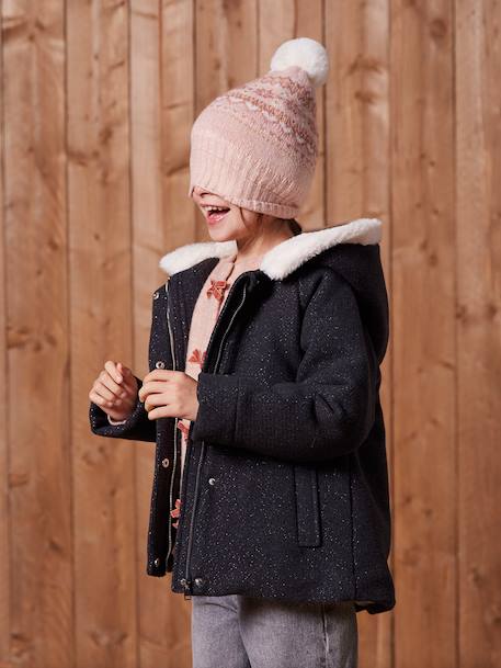 Manteau fille à capuche drap de laine anthracite+beige chiné - vertbaudet enfant 