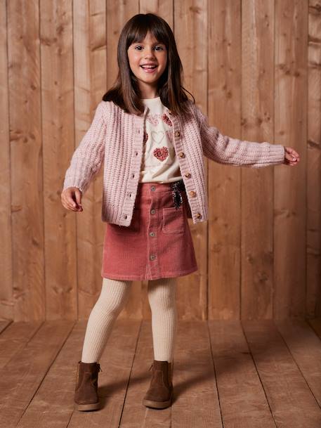 Jupe boutonnée en velours fille avec nouette fantaisie marine+vieux rose - vertbaudet enfant 