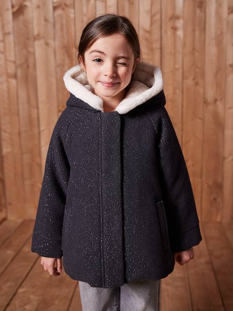Manteau fille à capuche drap de laine anthracite+beige chiné - vertbaudet enfant 