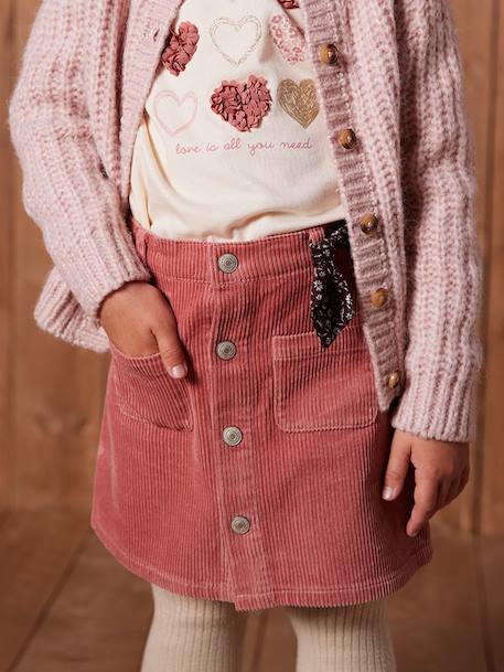 Jupe boutonnée en velours fille avec nouette fantaisie marine+vieux rose - vertbaudet enfant 