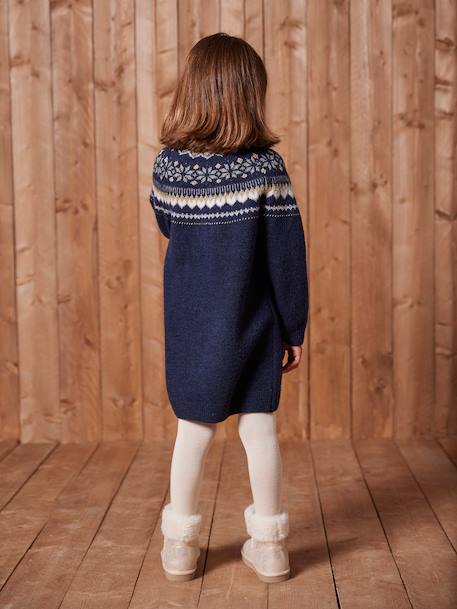 Jacquard jurk in tricot voor meisjes ecru+marineblauw - vertbaudet enfant 