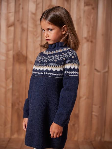 Jacquard jurk in tricot voor meisjes ecru+marineblauw - vertbaudet enfant 