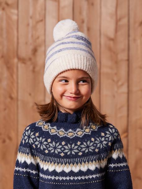 Ensemble rayé fille bonnet + snood + moufles/gants vanille - vertbaudet enfant 