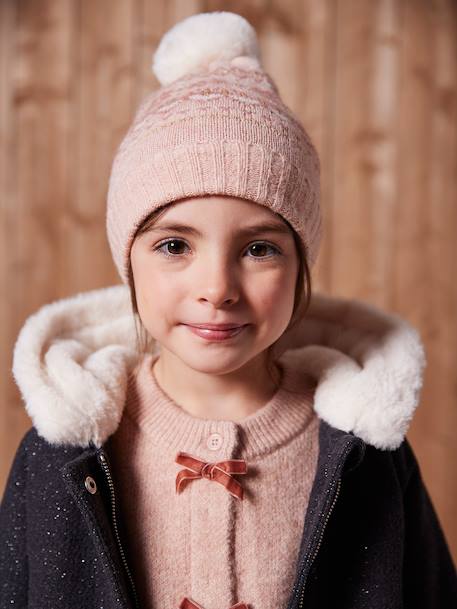 Jacquard babyset muts + snood + wanten/handschoenen voor meisjes ecru+rozen - vertbaudet enfant 