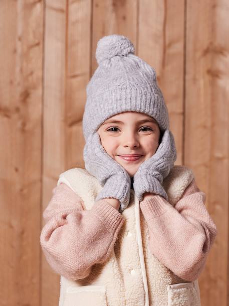Set van muts + snood + wanten in kabelbreiwerk gemêleerd grijs+ROZE - vertbaudet enfant 
