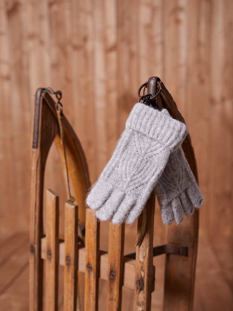 Ensemble fille bonnet, snood, gants en maille fantaisie gris chiné+ROSE - vertbaudet enfant 