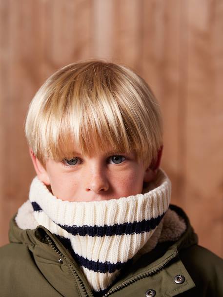 Ensemble rayé garçon bonnet + snood + moufles/gants écru - vertbaudet enfant 