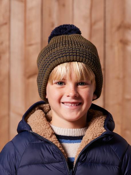 Ensemble rayé garçon bonnet + snood + moufles/gants bleu chambray+kaki - vertbaudet enfant 