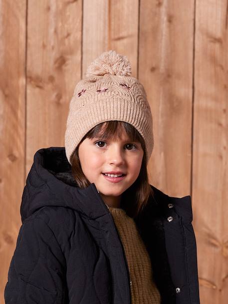 Ensemble brodé fille bonnet + snood + moufles/mitaines en maille ajourée beige doré - vertbaudet enfant 