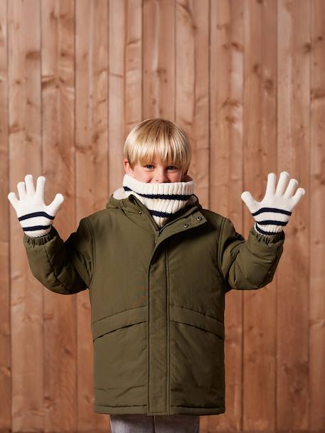Ensemble rayé garçon bonnet + snood + moufles/gants écru - vertbaudet enfant 