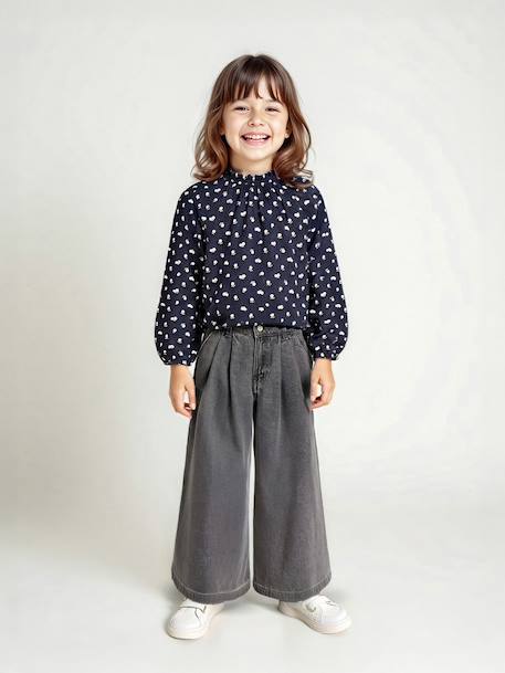 Wijde jeans met plooien voor meisjes denimgrijs+middenblauw - vertbaudet enfant 