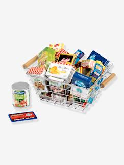 Speelgoed-Boodschappenmand gevuld met namaakdozen van merkproducten.