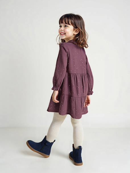 Robe fille en gaze de coton imprimée pois irisés prune+vert sapin+vert sauge - vertbaudet enfant 