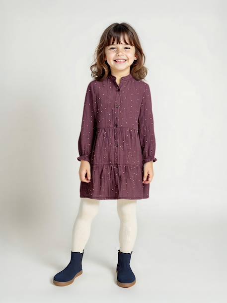 Robe fille en gaze de coton imprimée pois irisés prune+vert sapin+vert sauge - vertbaudet enfant 