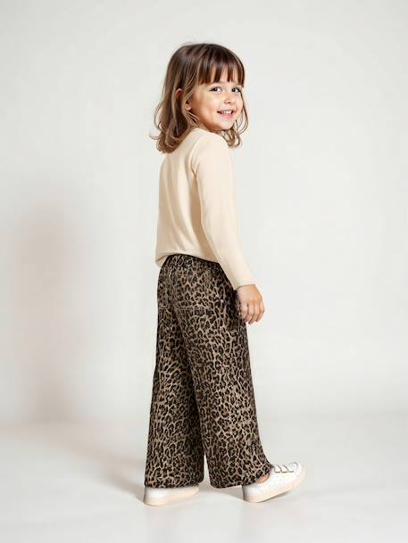 Wijde 'paperbag' meisjesbroek met luipaardprint beige+chocoladebruin - vertbaudet enfant 