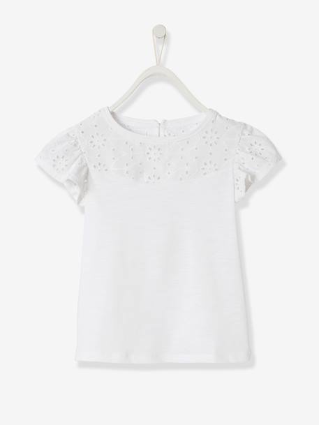 T-shirt fille détails en broderie anglaise BLANC+bleu marine+VERT PALE - vertbaudet enfant 