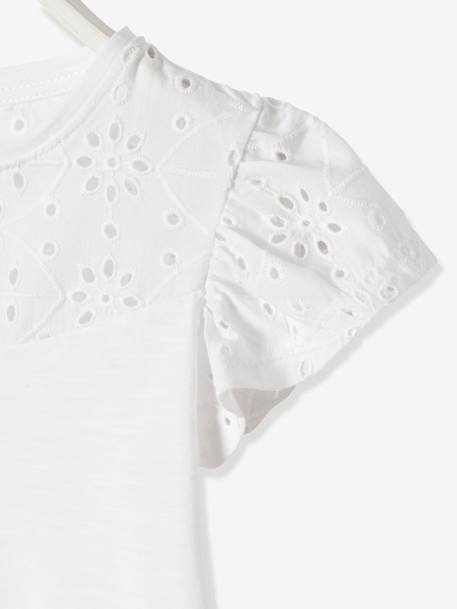 Meisjesshirt van Engels borduurwerk en mouwen met stroken marineblauw+WIT+ZACHTGROEN - vertbaudet enfant 